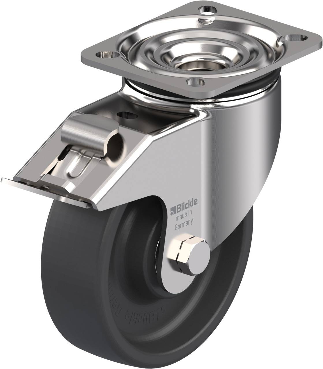 Metallisches Lenkrollengehäuse mit schwarzem Rad, Made in Germany-Prägung erkennbar. Geeignet für Möbel oder Industrieanwendungen.