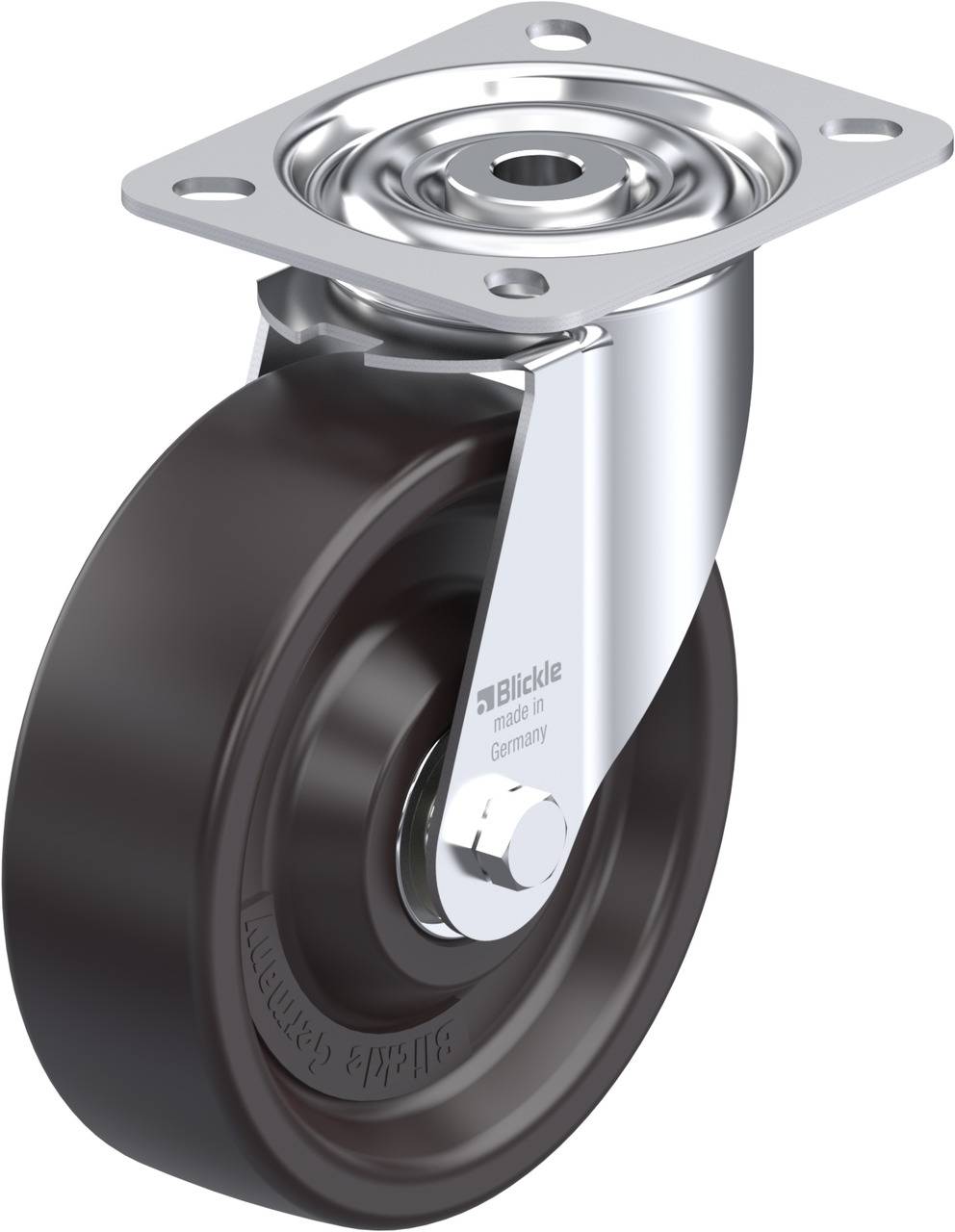 Industrie-Schwenkrolle mit schwarzem Rad und Metallgehäuse, geeignet für schwere Lasten in Fertigung und Transport.