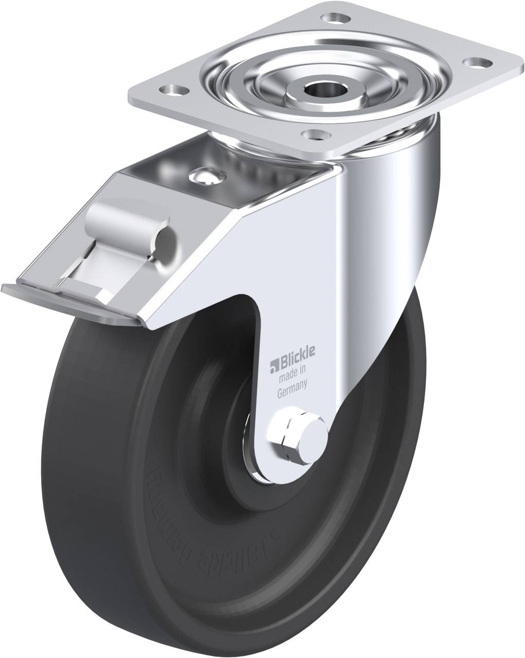 Schwenkrolle aus Metall mit schwarzem Rad, geeignet für industrielle Anwendungen, robust und für flexible Beweglichkeit konzipiert.
