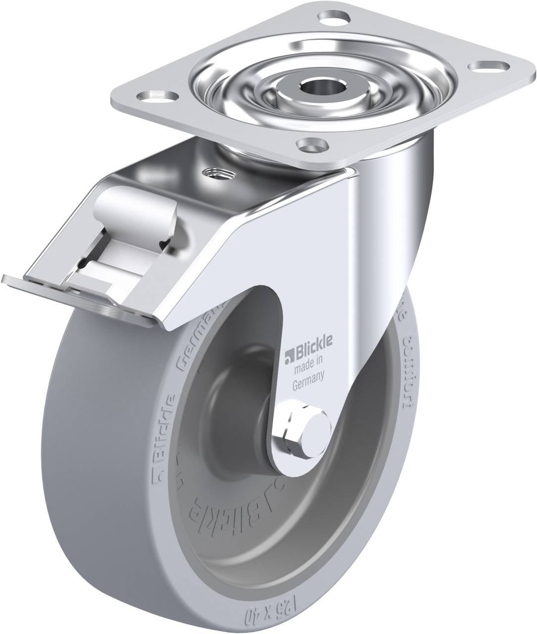 Ein silbernes Schwenkrollenrad mit grauem Gummi und Metallplatte zur Befestigung, markiert mit 'Blickle, made in Germany'.