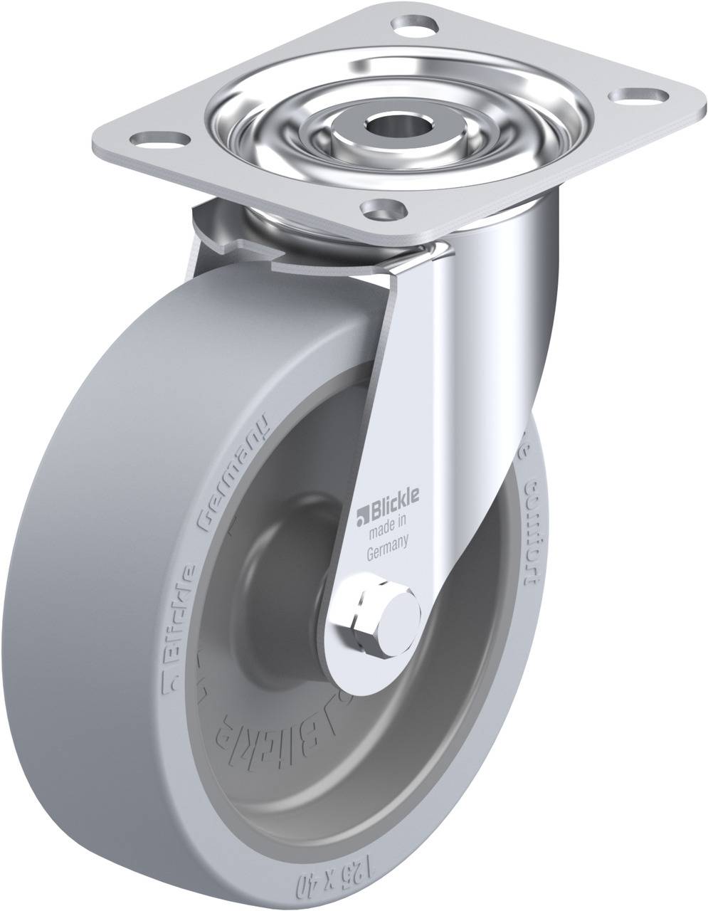 Metallrolle mit grauem Gummi, drehbar mit Befestigungsplatte. Markenname 'Blickle' seitlich an der Rolle eingeprägt.