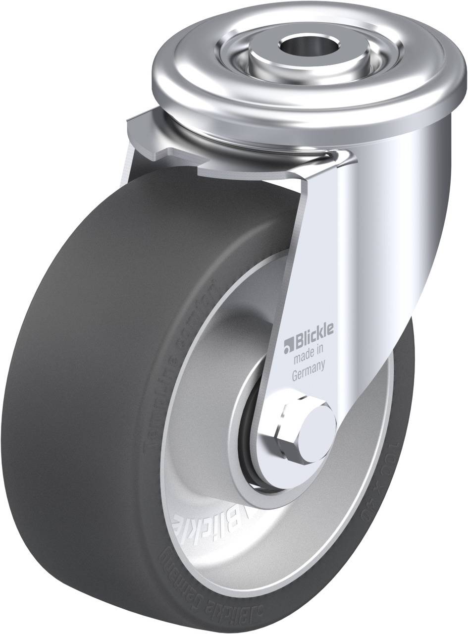 Graues Gummi-Industrierad mit silbernem Metallgehäuse, geeignet für Transport und Maschinen, produziert von 'Blickle made in Germany'.