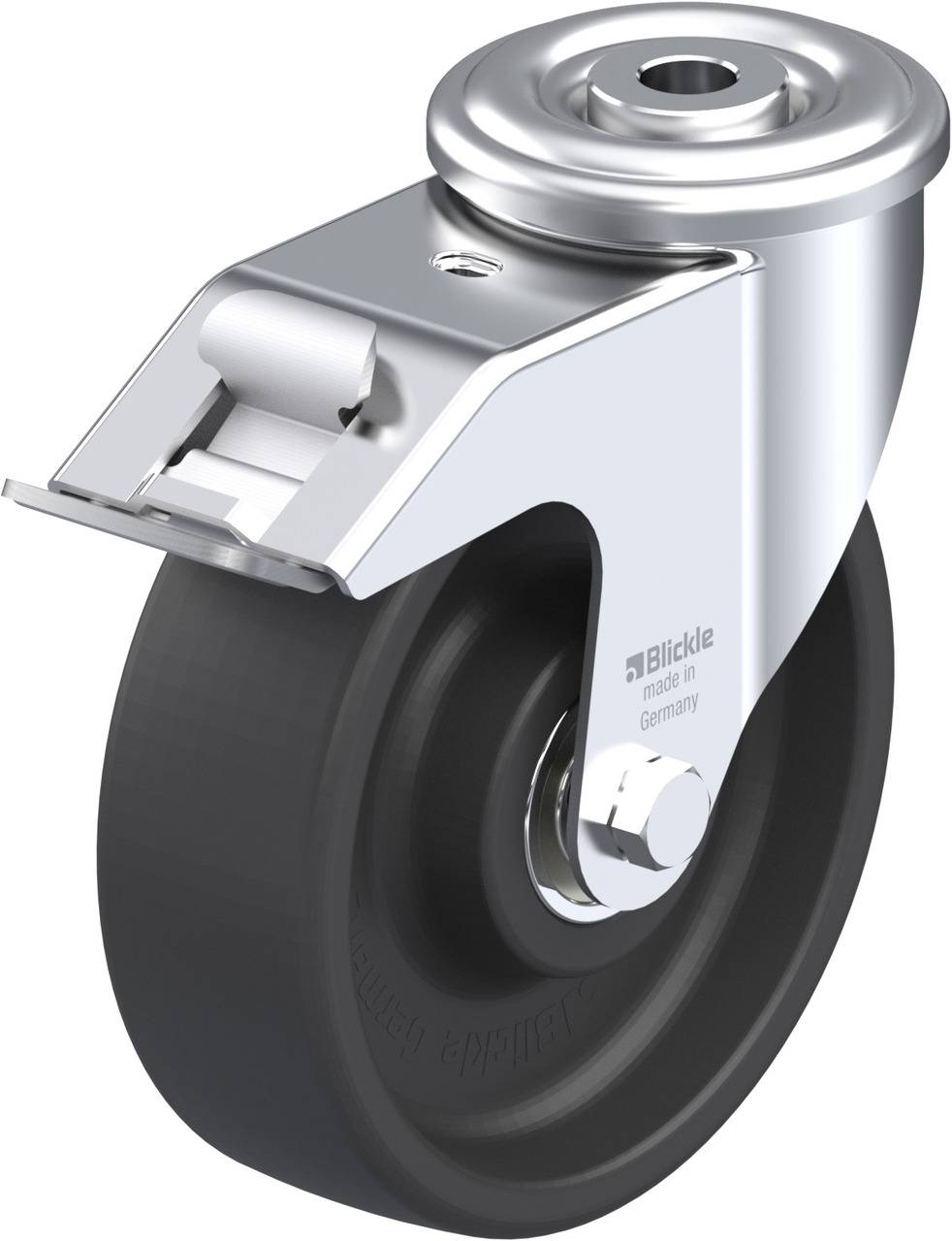 Lenkrolle aus Metall mit schwarzem Gummirad, geeignet für industrielle Anwendungen, mit einer stabilen Halterung und drehbarem Kopf.