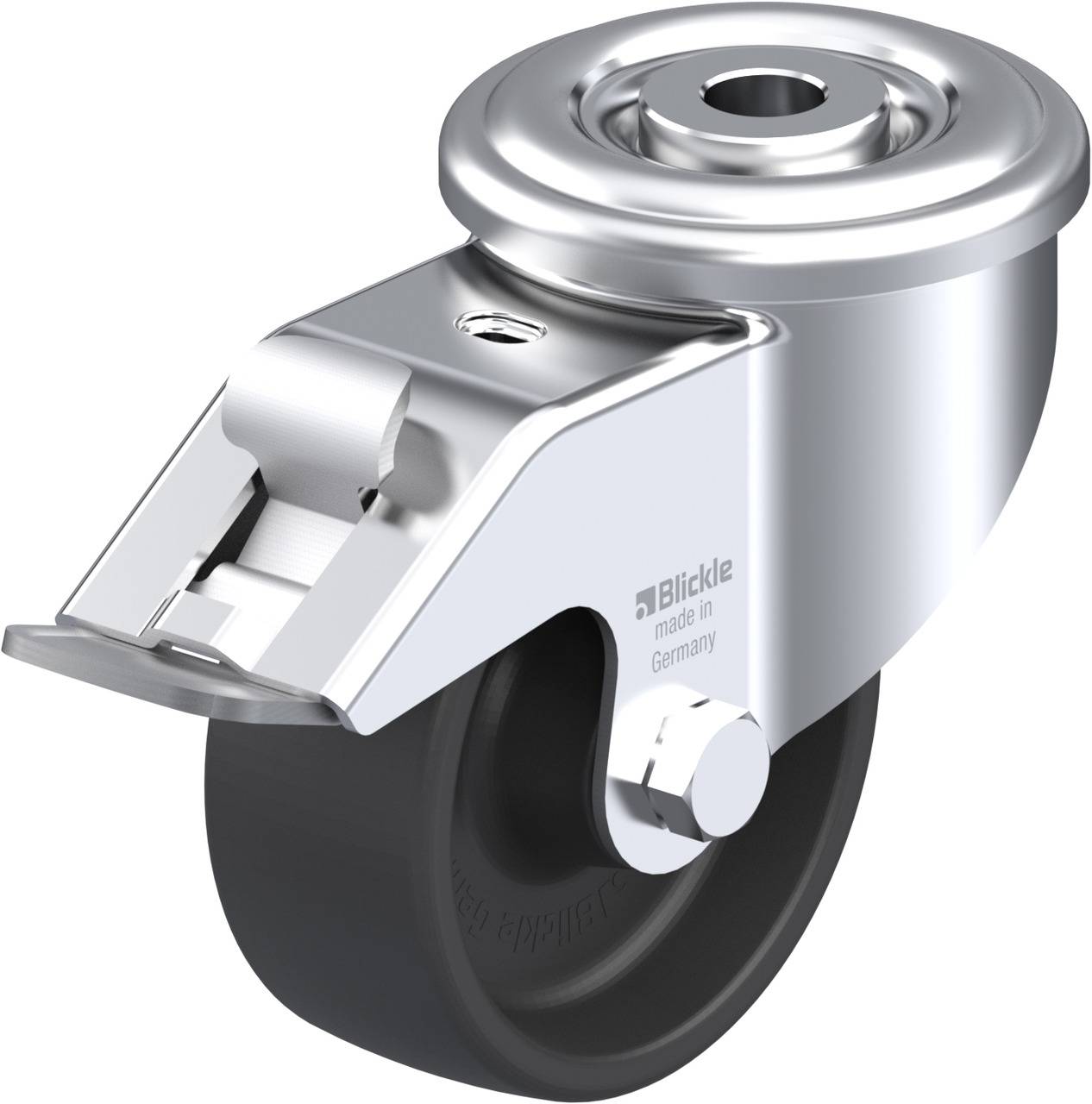 Ein silbernes Dreh-Rollenrad aus Metall und Kunststoff, hergestellt in Deutschland, mit einem Gehäuse und einer Bremse.