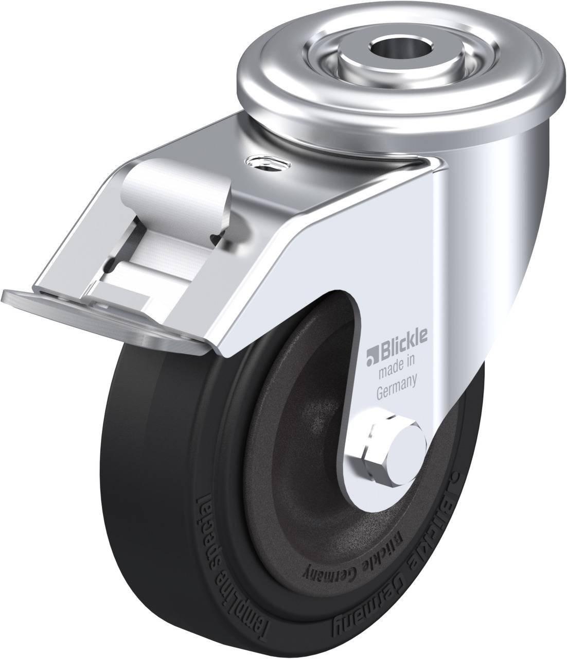 Metallschwenkrad mit schwarzem Gummirad, Metallgehäuse und Bremse. Markierung 'made in Germany' auf der Seite.