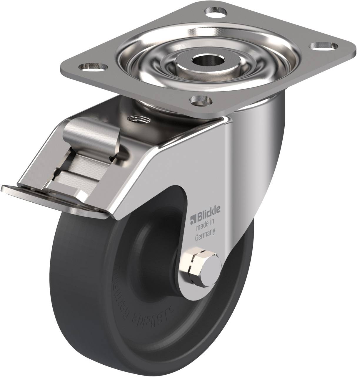 Drehbares Transportgerät mit schwarzem Rad und Metallgehäuse, ausgestattet mit Bremse und Befestigungsplatte, von 'Blickle'.