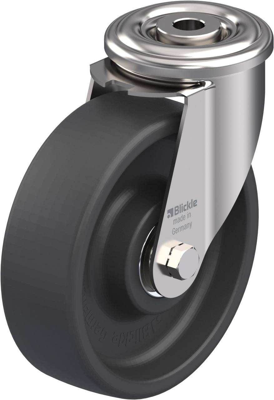 Graues Rad mit Metallhalterung, geeignet für den Einsatz an Wagen oder Möbeln. Hergestellt von 'Blickle', Aufschrift 'made in Germany'.