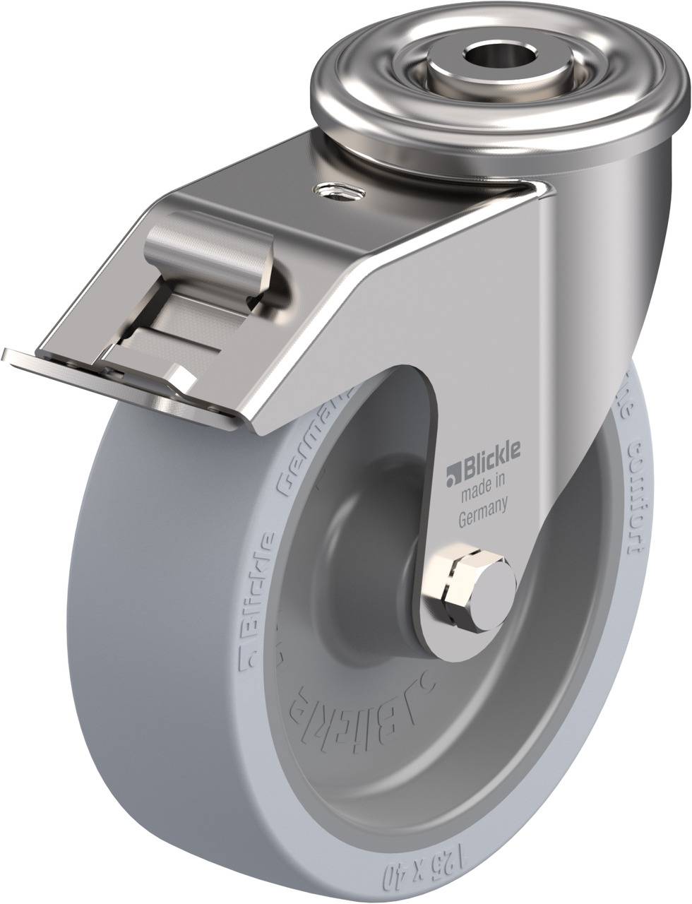 Graues und metallisches Schwerlast-Lenkrolle mit Schriftzug 'Blickle made in Germany'.