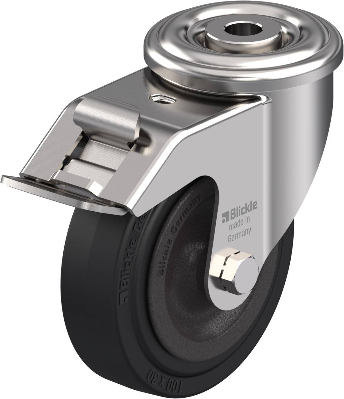 Industrie-Rolle aus Metall und Gummi mit Bremse, markiert als 'Blickle made in Germany'.