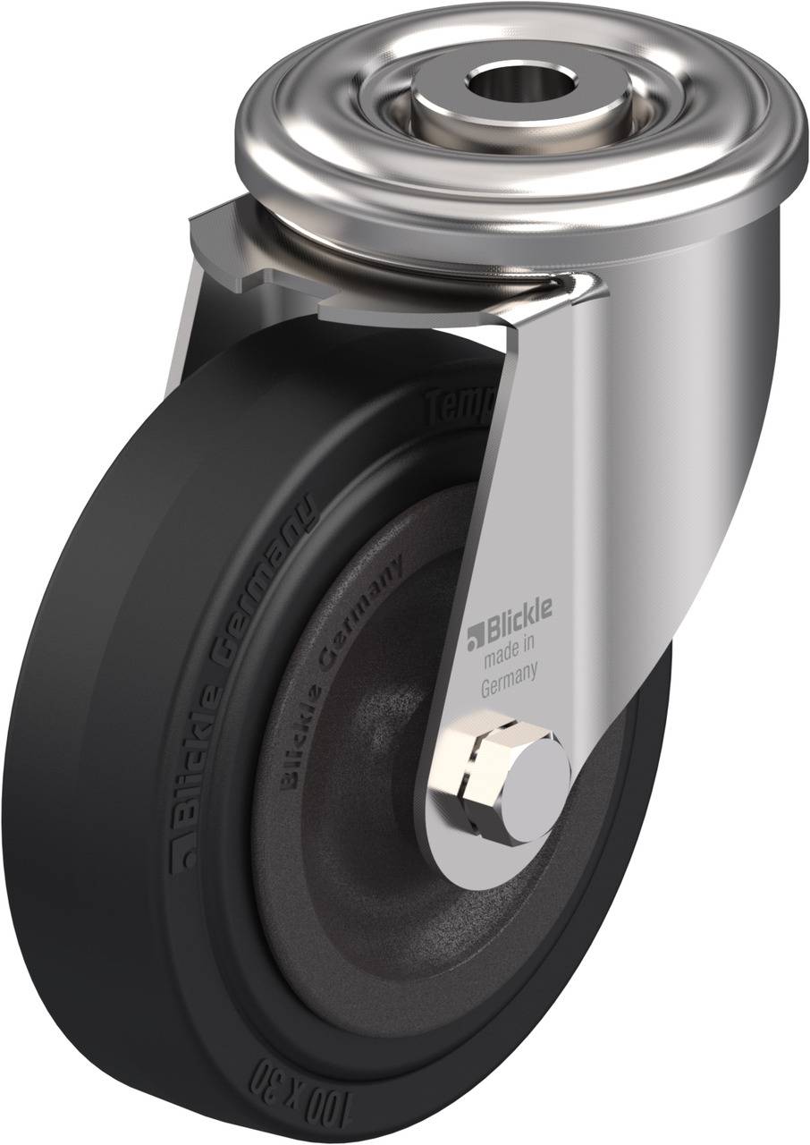 Rollenrad aus Metall und schwarzem Gummi, hergestellt in Deutschland von der Firma Blickle. Geeignet für Industrieanwendungen.