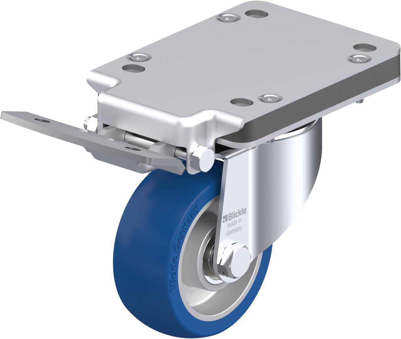 Eine Lenkrolle mit blauer Gummilauffläche und Metallplatte. Die Rolle hat einen Halterung mit Feststellmechanismus seitlich.