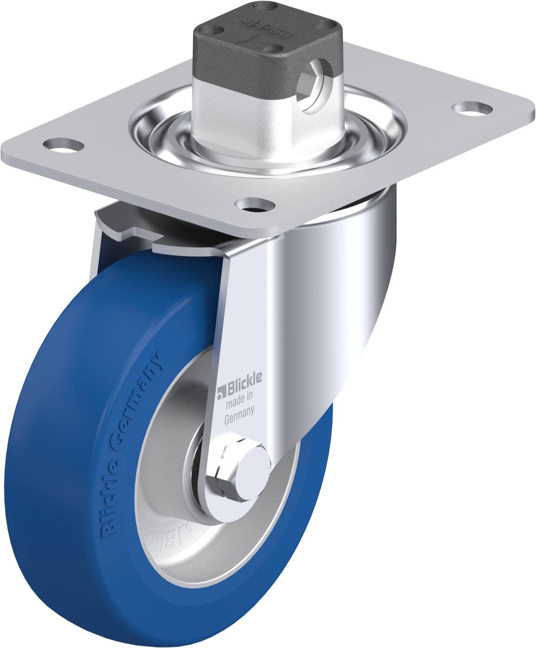 Grauer Rollwagenrad mit blauer Gummi-Lauffläche und silbernem Metallgehäuse, geeignet für industrielle Anwendungen.