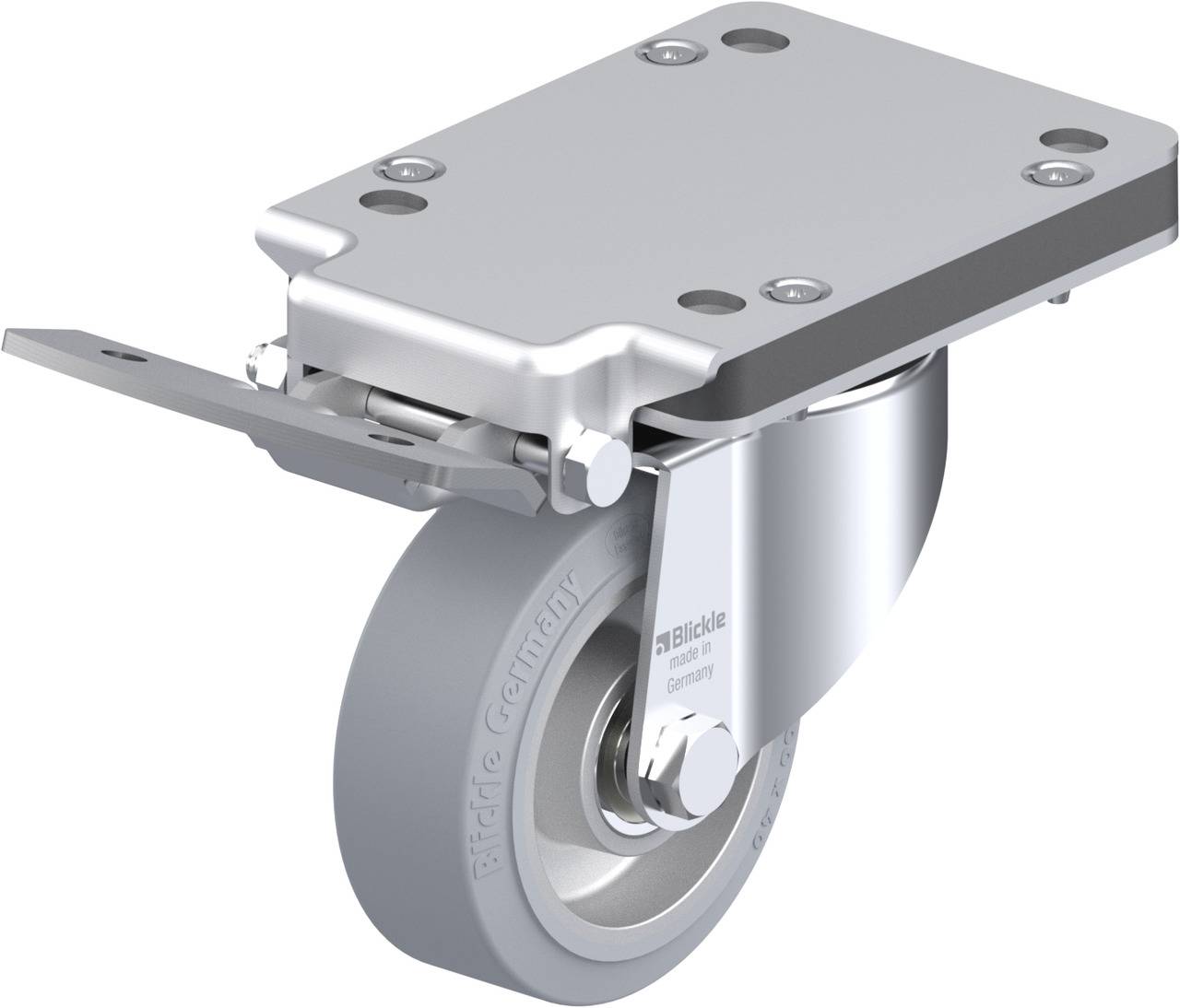 Schwenkbares graues Rollenrad mit rechteckiger Metallplatte und Befestigungsbohrungen, für den Einsatz an Möbel oder Transportwagen.