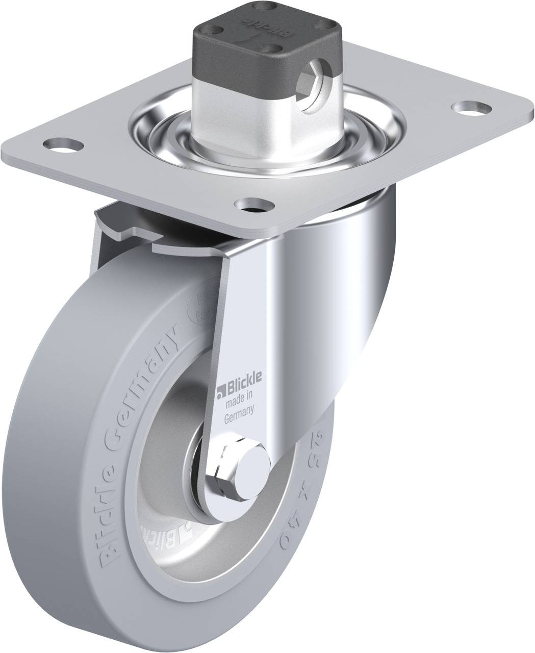 Drehbares, feststellbares Rollengehäuse aus Metall mit grauem Kunststoffrad, geeignet für schwere Lasten.