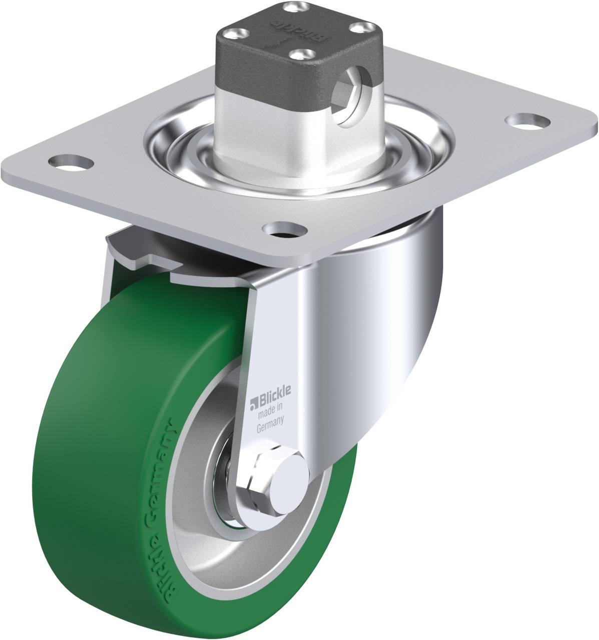 Schwenkrolle mit grünem Rad und silberner Halterung. Oberes Drehgelenk ermöglicht Beweglichkeit. Verwendet für Möbel oder Transportwagen.