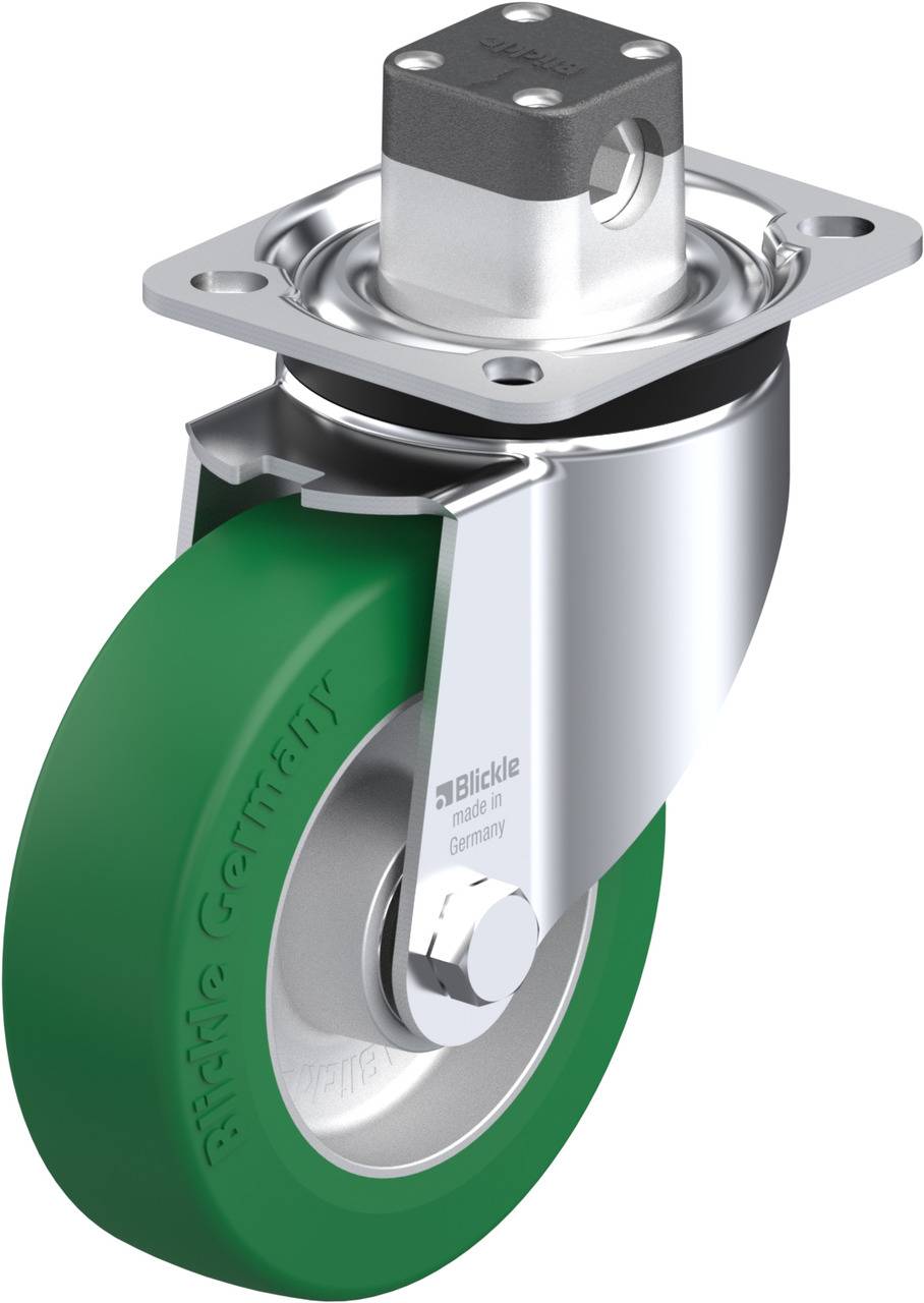 Grünes Rad mit silbernem Gehäuse, drehbar montiert auf einer Metallplatte, geeignet für Transportwagen oder Möbel.