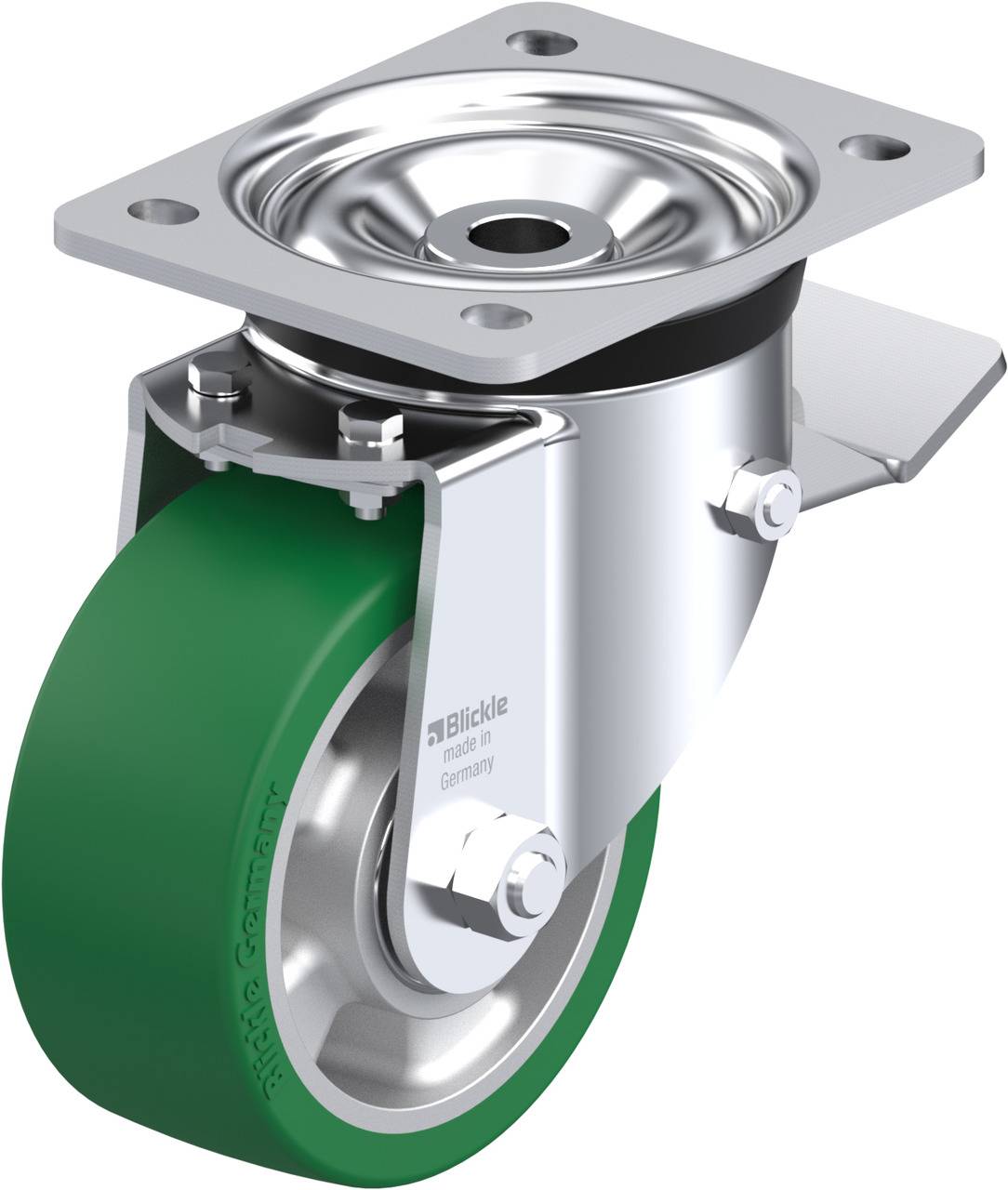 Metallenes Lenkrolle mit grüner Gummibeschichtung. Sie ist für Mobilität und leichte Bewegung von Geräten oder Möbeln konzipiert.