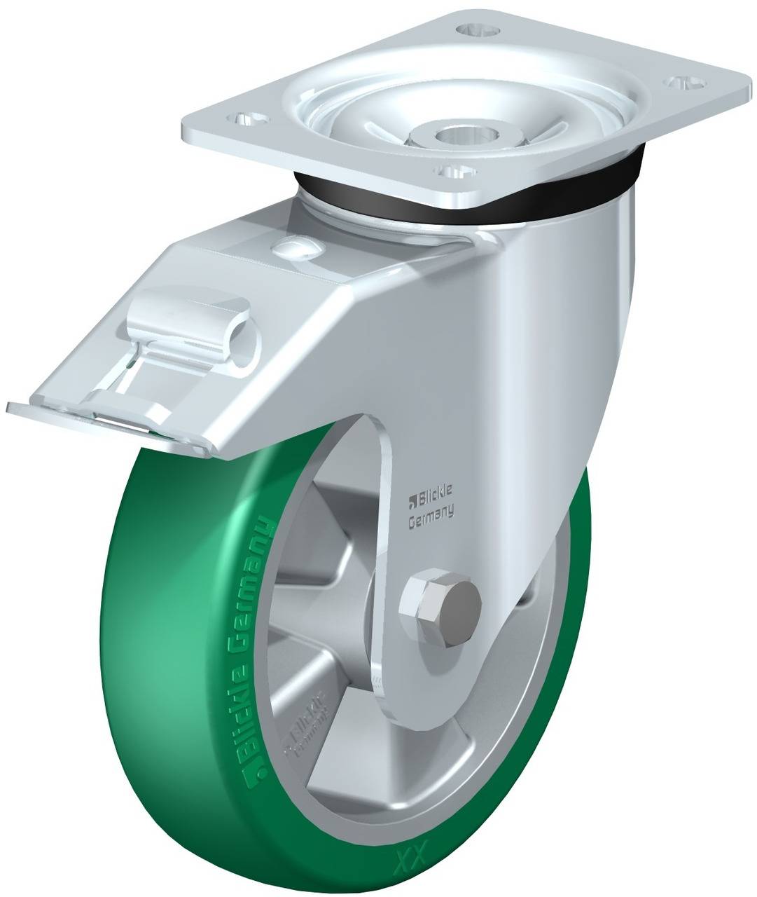 Eine drehbare Radrolle aus Metall mit grünem Rad. Geeignet für den Einsatz an Möbeln oder Geräten, die leicht bewegt werden sollen.