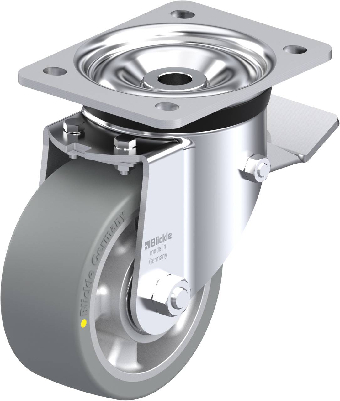 Schwenkrolle aus Metall mit grauem Rad, geeignet für Transportwagen und Industrieanwendungen, glänzende Oberflächenbeschaffenheit.