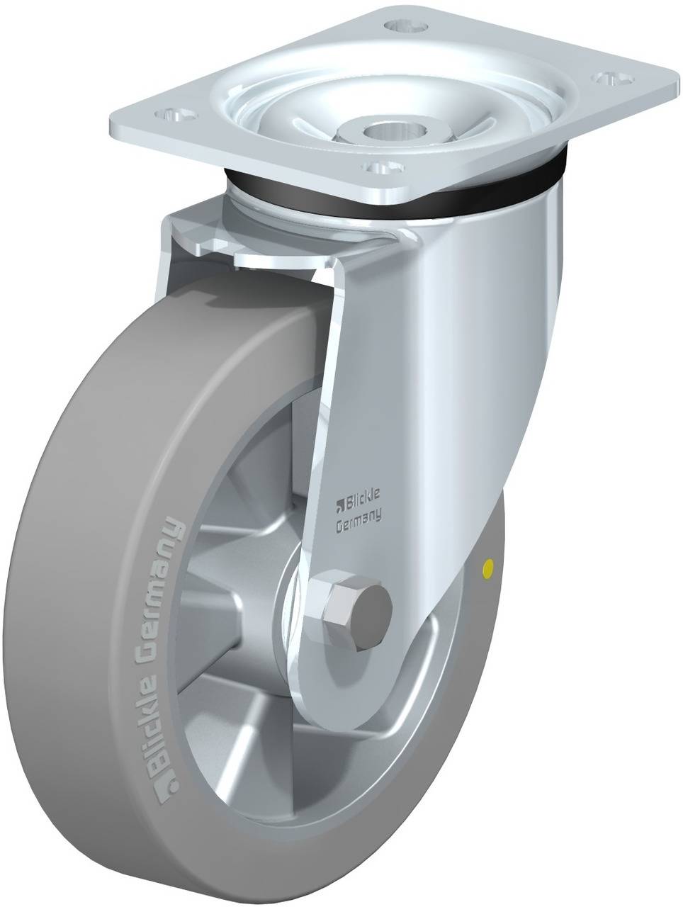 Schwenkrolle mit grauem Rad und silbernem Gehäuse, Markenname 'Blickle Germany' eingraviert. Befestigungsplatte oben, Rad aus Kunststoff.