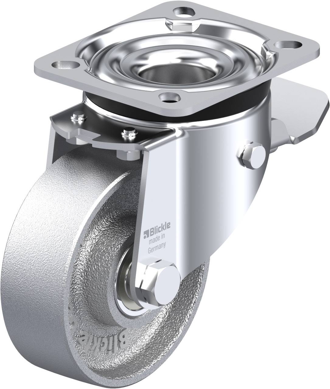 Metallrolle mit Drehgelenk und Montageplatte, geeignet für schwere Lasten. Silberfarben, robust, ideal für industrielle Anwendungen.