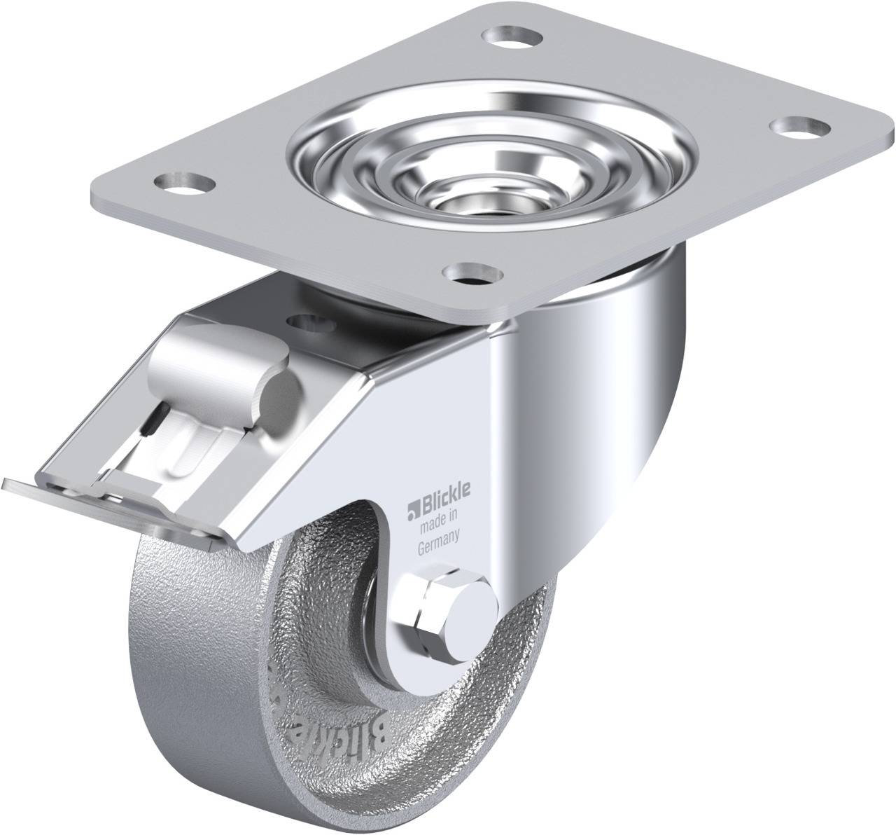 Metallisches Bockrolle mit rechteckiger Grundplatte, glänzender Oberfläche, geeignet für schwere Lasten.