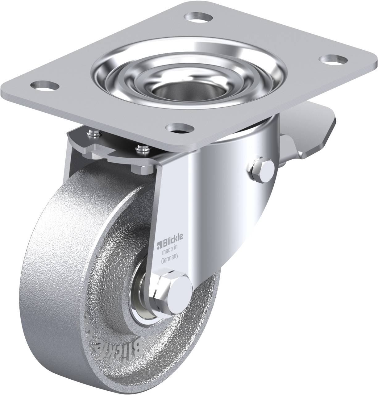 Metallisches Schwerlast-Lenkrolle mit Bodenplatte zur Montage. Geeignet für industrielle Anwendungen und mobile Konstruktionen.