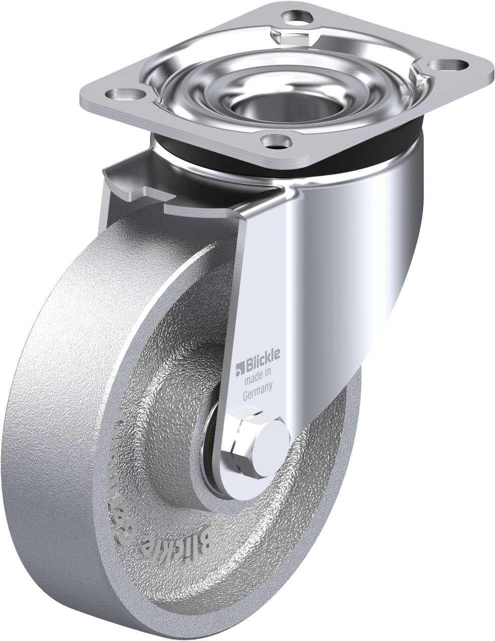 Schwenkrolle mit metallischem Gehäuse und Platte, geeignet für schwere Lasten. Oberteil drehbar; Rad aus robustem Material.