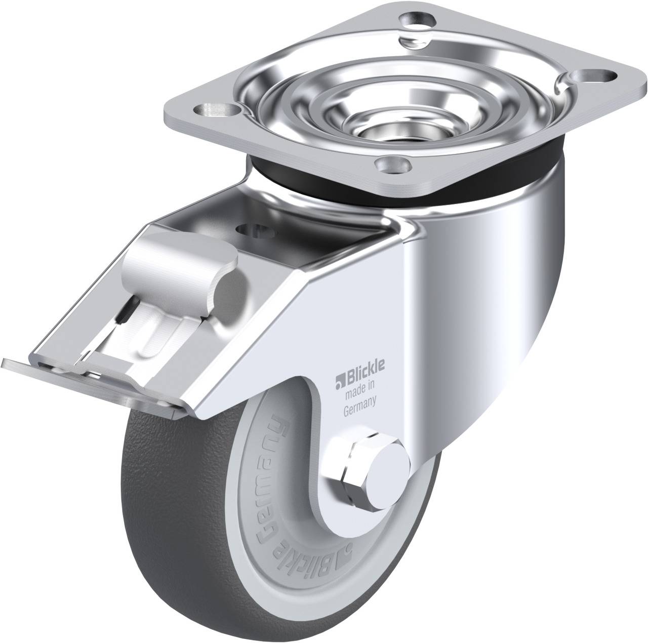 Metallisches Lenkrollenrad mit grauem Gummi und Metallplatte für die Befestigung. Geeignet für Möbel oder Transportgeräte.