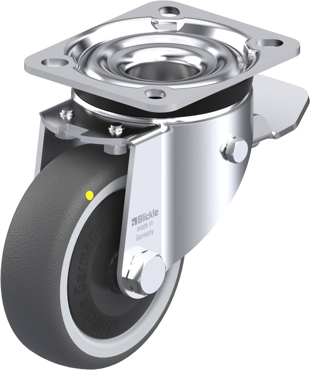 Metallisches Lenkrolle mit grauem Rad und silberner Halterung, Aufdruck 'Blickle made in Germany' an der Seite.