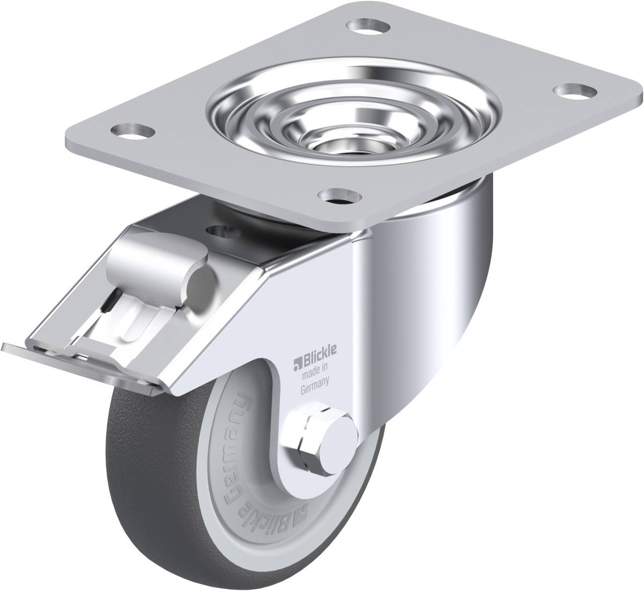 Schwenkbares Transport-Rollenlager aus Metall mit grauem Rad, geeignet für schwere Lasten, und einem Befestigungsblech oben.