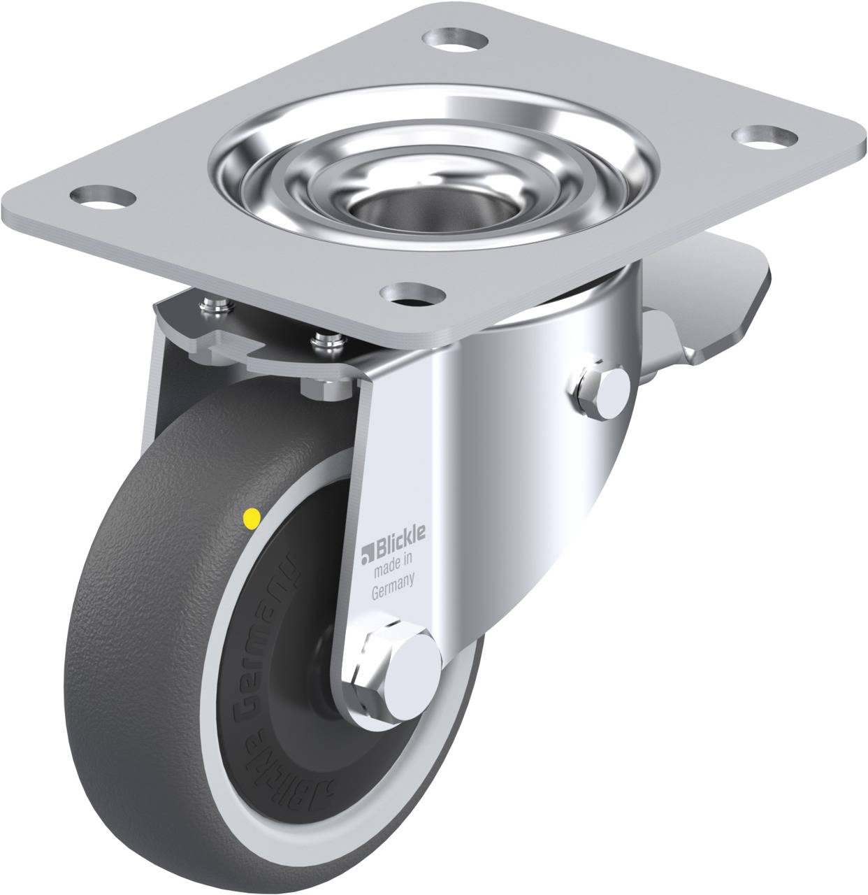 Industrie-Lenkrolle aus Metall mit Gummirad und Tragplatte zur Befestigung, geeignet für schwere Lasten und vielseitige Einsatzbereiche.