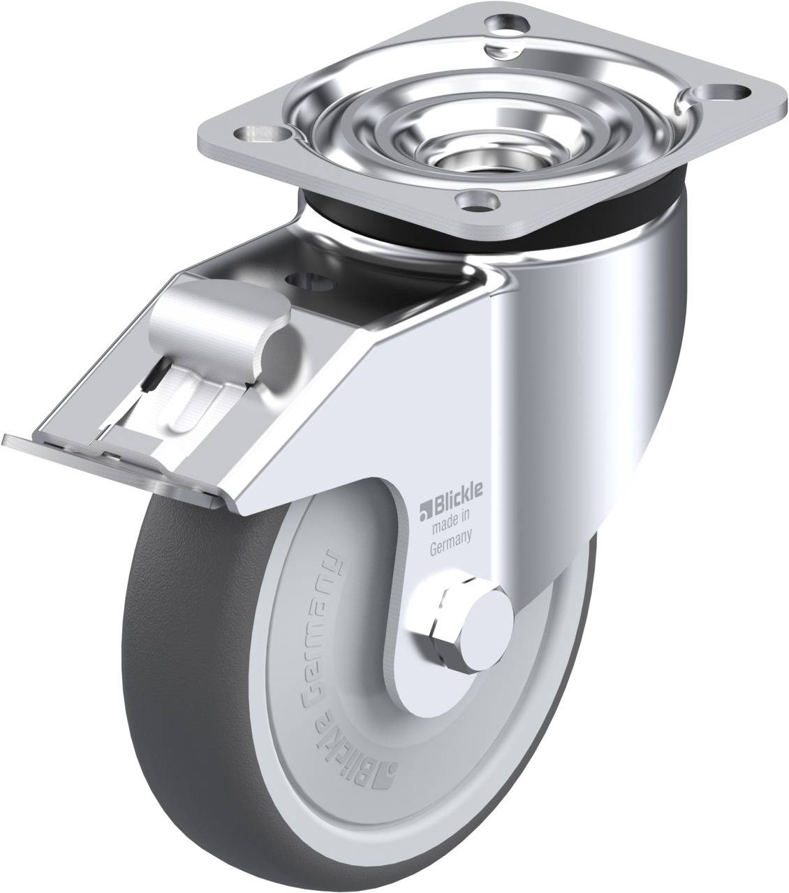 Verzinktes Schwenkrollenrad aus Metall mit grauem Gummirad, integriertem Gehäuse und Befestigungsplatte für einfache Montage.