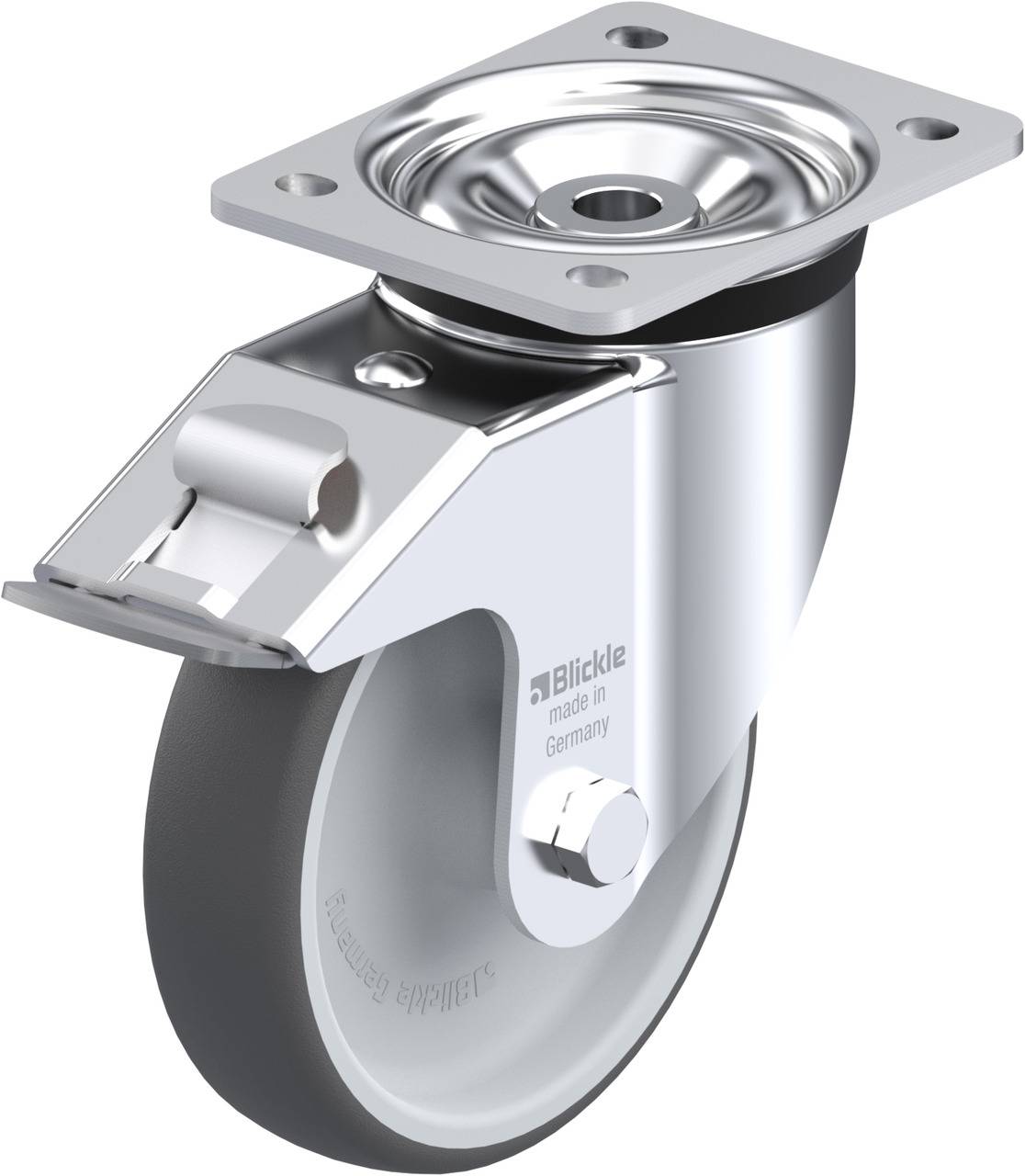 Metallene Lenkrolle mit grauem Rad und Befestigungsplatte. Markenname 'Blickle' und Aufschrift 'made in Germany' sichtbar.