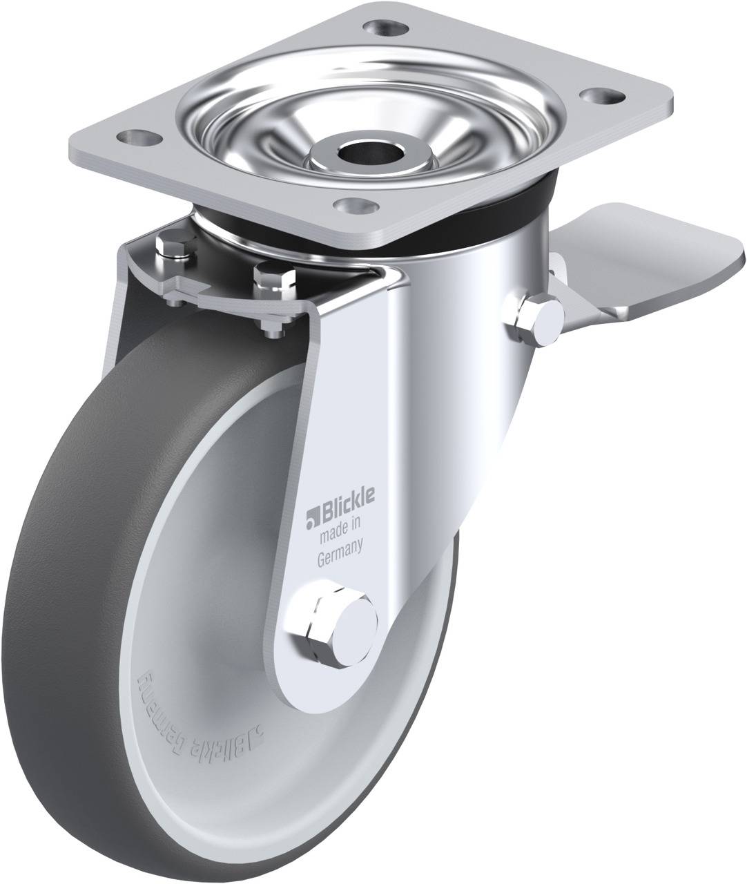 Graues Bockrolle mit Metallplatte und Bremsmechanismus, geeignet für Möbel oder Transportgeräte.