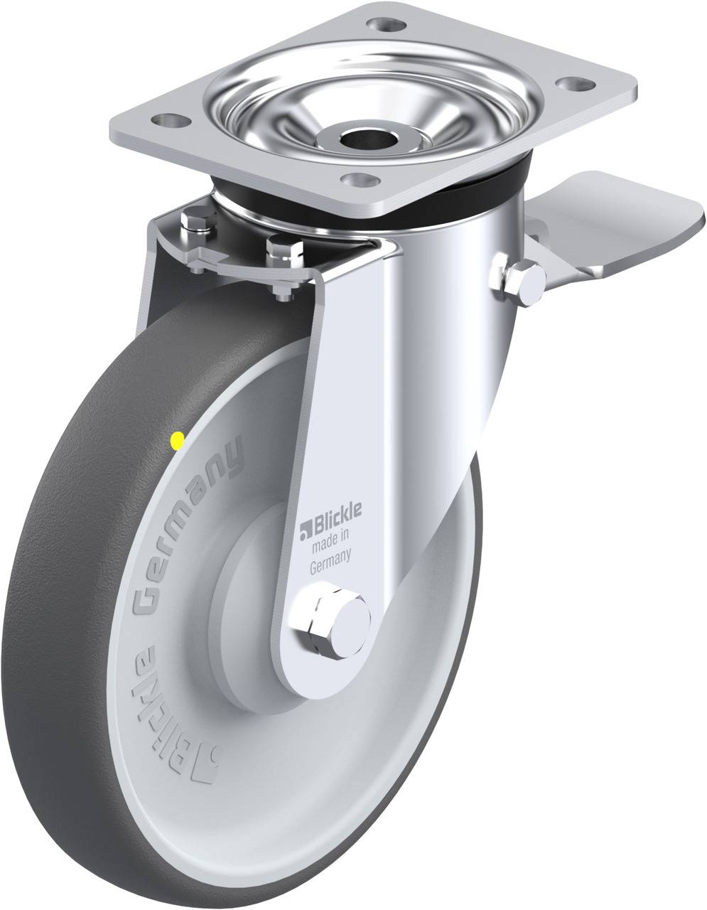 Metallisches Lenkrollenrad mit glänzendem Gehäuse und Befestigungsplatte, geeignet für schwere Lasten.