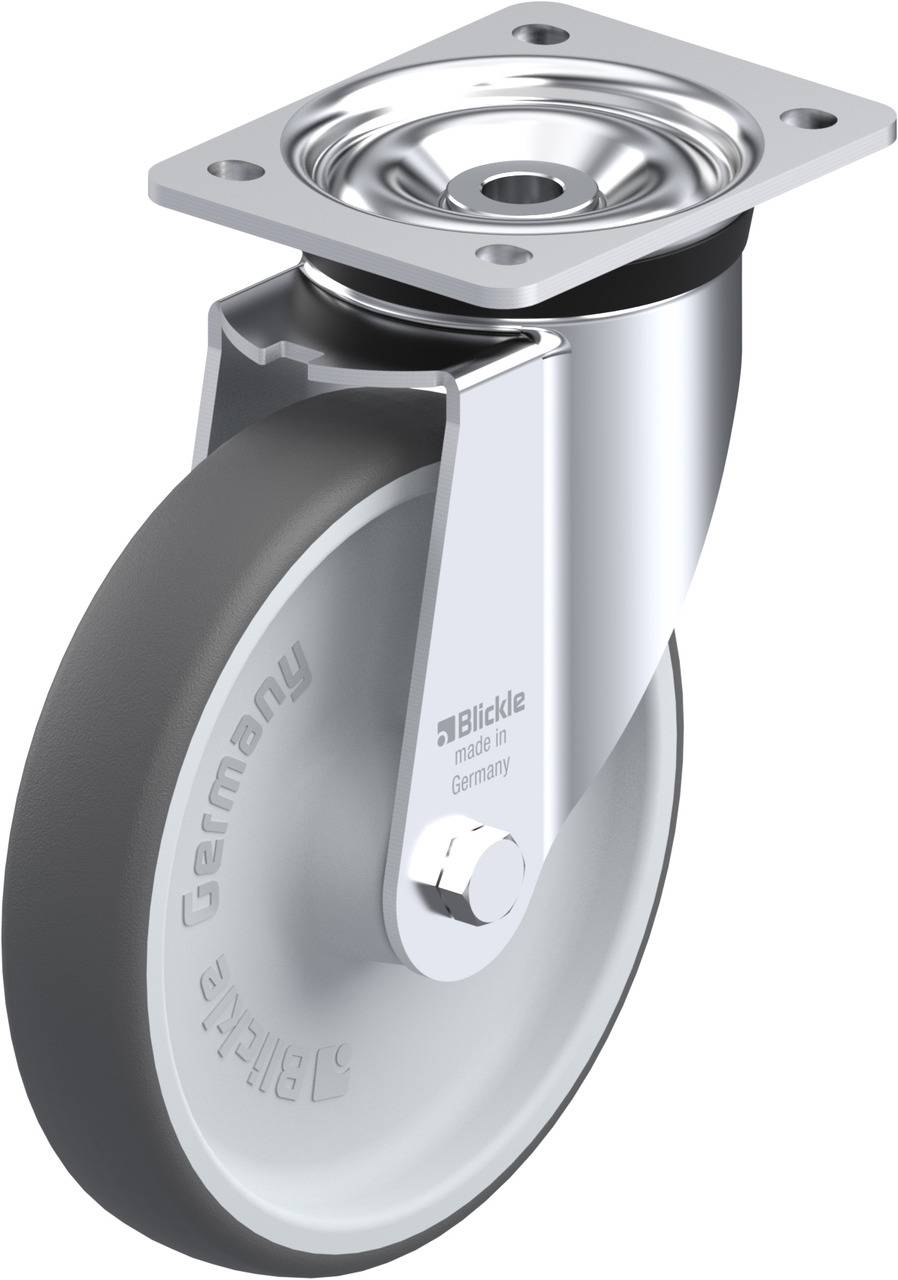 Metall-Lenkrolle von Blickle mit grauem Rad, Aufschrift 'Germany' und 'Blickle made in Germany' auf der Seite.