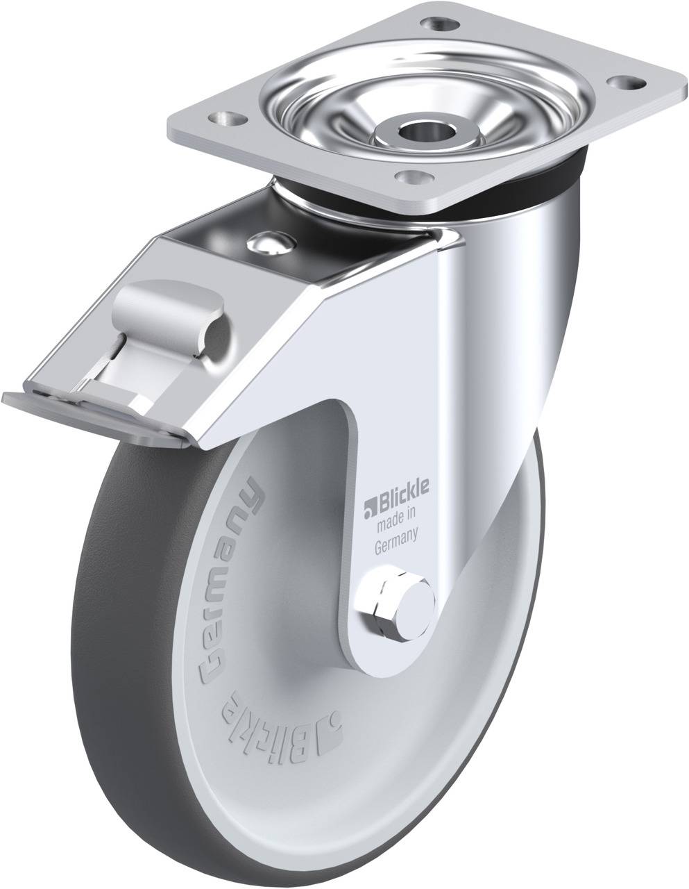 Industrie-Schwenkrolle aus silbernem Metall und grauem Gummi mit einem Befestigungsblech für Möbel oder Geräte.