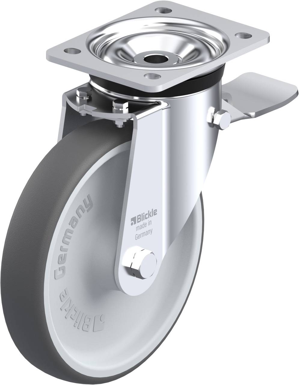 Schwenkrolle mit grauem Reif, Befestigungsplatte und Bremse, geeignet für industrielle Anwendungen.
