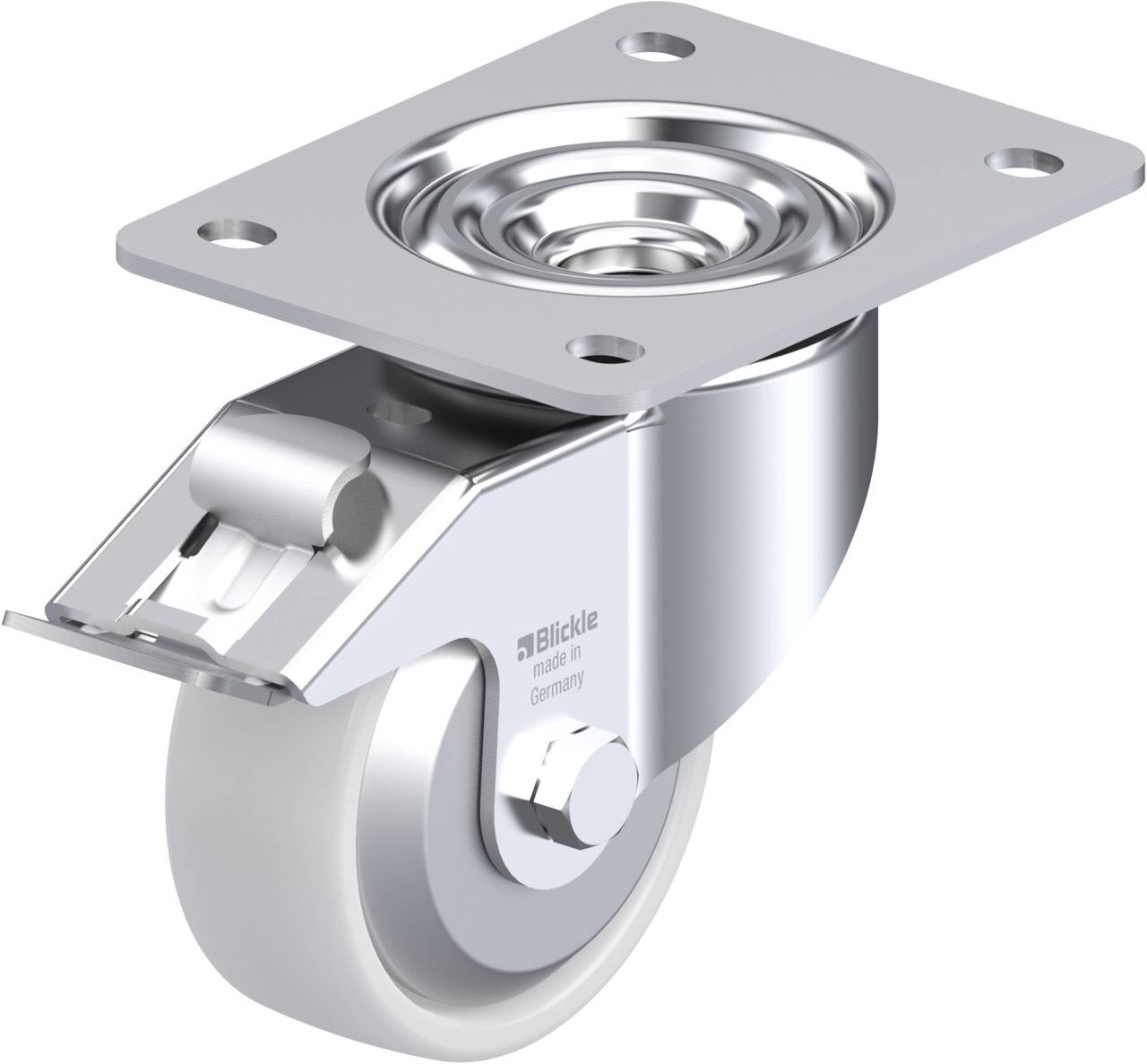 Schwenkrolle aus Metall mit grauem Rad, rechteckiger Montageplatte und Bremse. Markierung 'Blickle', Herkunft 'Germany'.