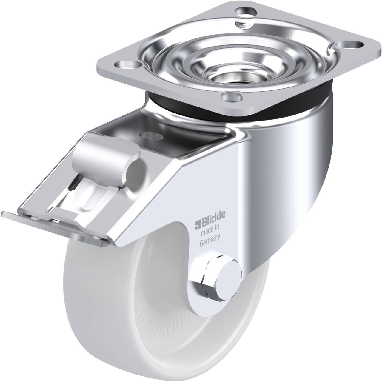 Ein drehbares Lenkrollenrad aus Metall mit weißem Reifen, geeignet für Möbel oder Transportgeräte. Hergestellt in Deutschland.