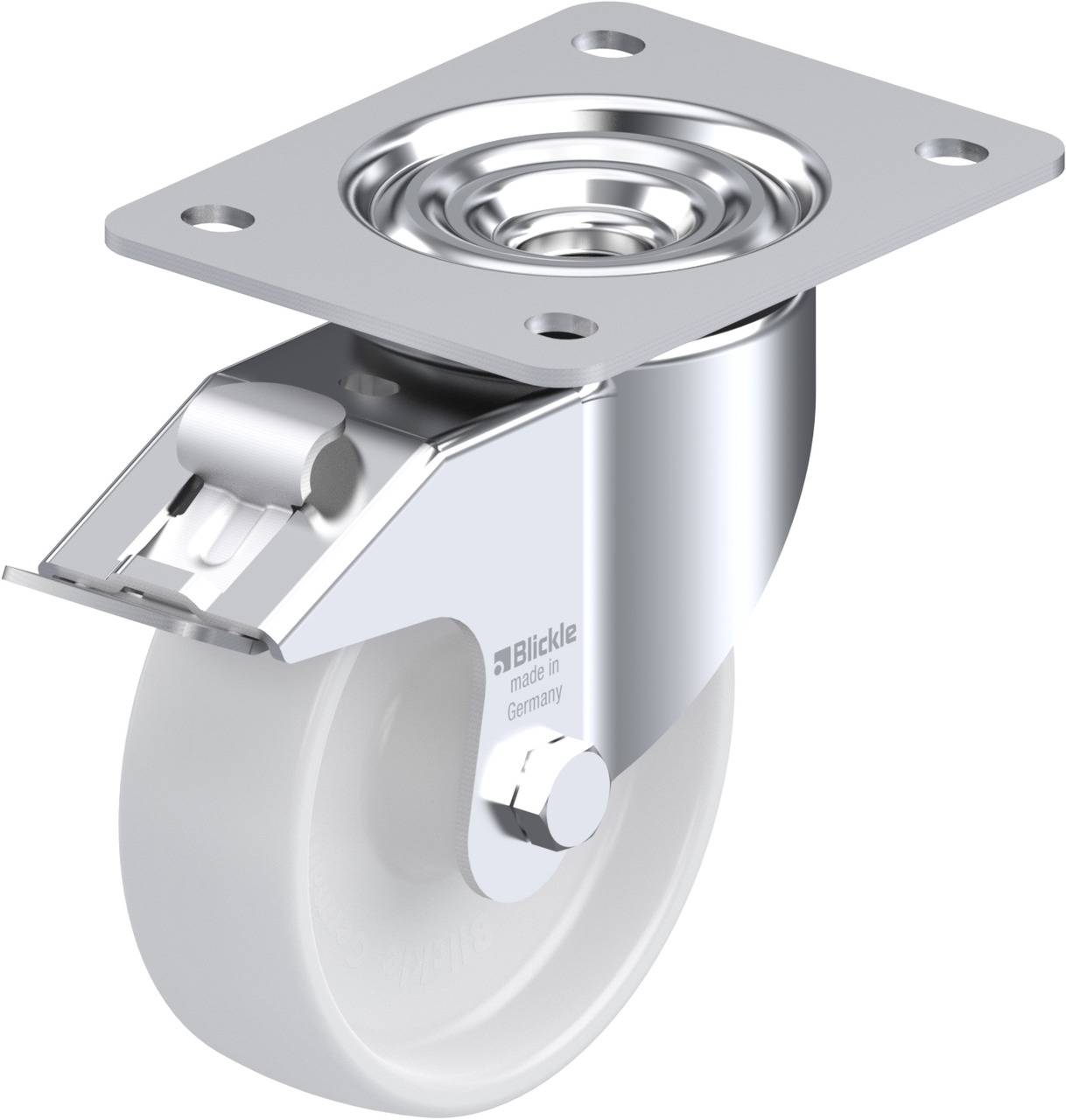 Metallenes Lenkrollenrad mit rechteckiger Montageplatte, glänzendem Gehäuse und weißem Rad. Geeignet für Möbel oder Industrieanwendungen.