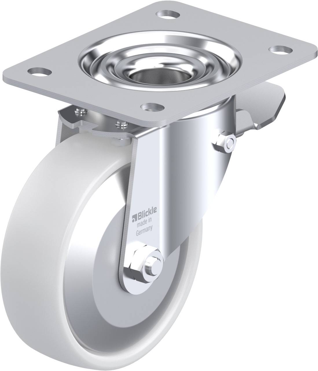 Drehbares Rollenrad aus Metall mit weißem Rad, montiert an einer quadratischen Platte, für den Einsatz bei Möbeln oder Geräten geeignet.