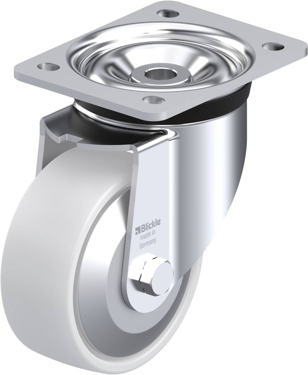 Metallenes Schwenkrollrad mit Montageplatte. Ideal für Transportgeräte und Möbel. Silbernes Gehäuse, Rollrad aus weißem Material.