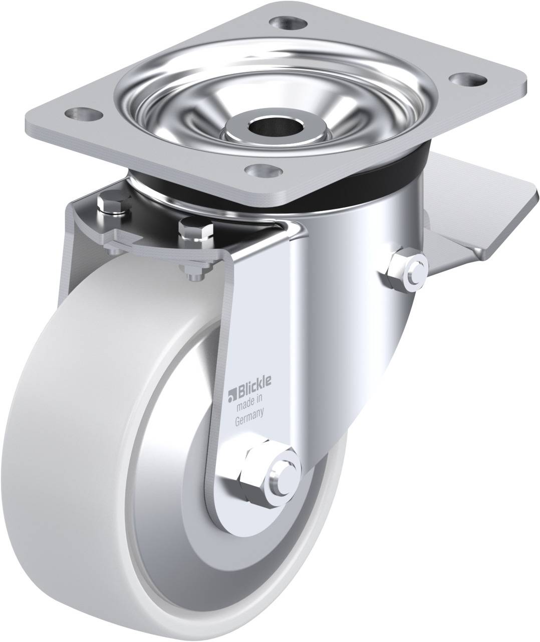 Ein drehbares Laufrollenrad aus Metall mit grauem Gummireifen, geeignet für Transportgeräte und Möbel.