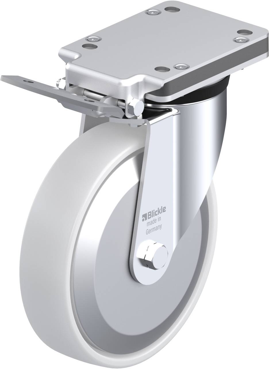 Ein silbernes Lenkrollenrad mit Befestigungsplatte und Bremse, markiert mit 'Blickle made in Germany', auf weißem Hintergrund.