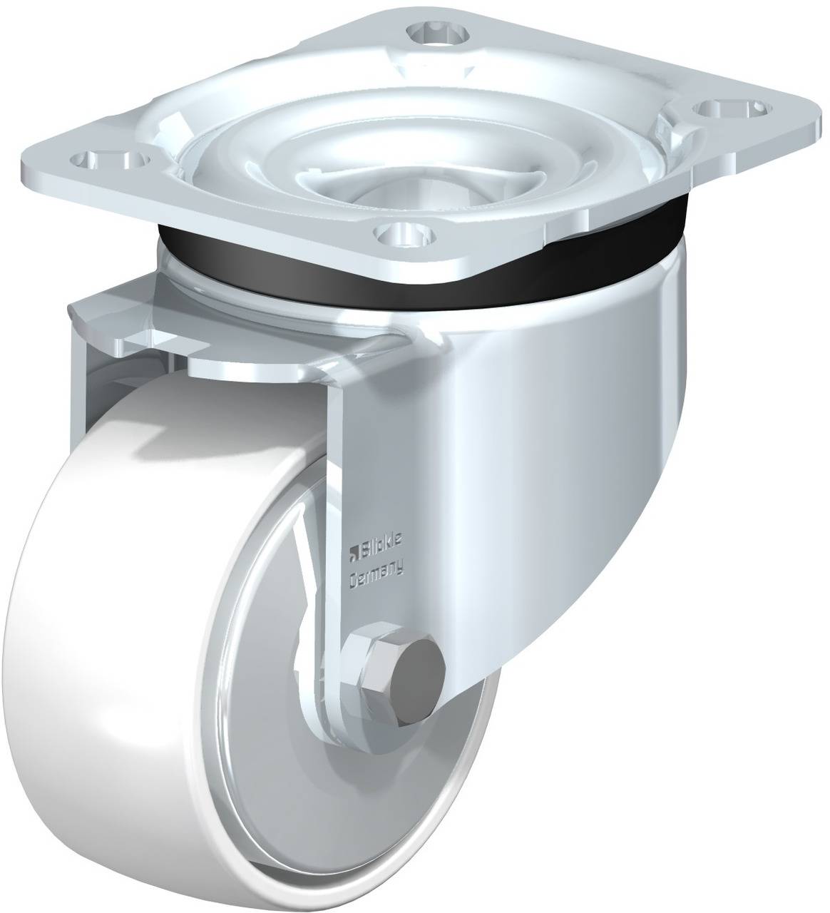 Einzelnes Edelstahl-Lenkrolle mit Gehäuse und weißem Rad, geeignet für Möbel oder Geräte, bietet Mobilität und Stabilität.