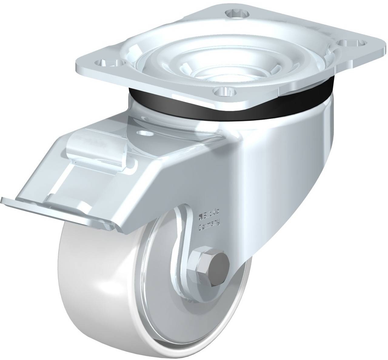 Schwenkrolle mit Metallgehäuse und weißem Rad, seitlicher Feststeller, geeignet für Möbel oder industrielle Anwendungen.