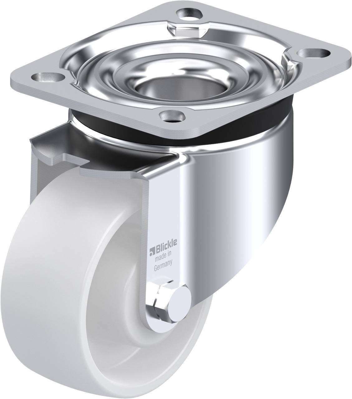 Schwenkrolle aus Metall mit weißem Kunststoffrad, geeignet für Möbel oder Transportgeräte.