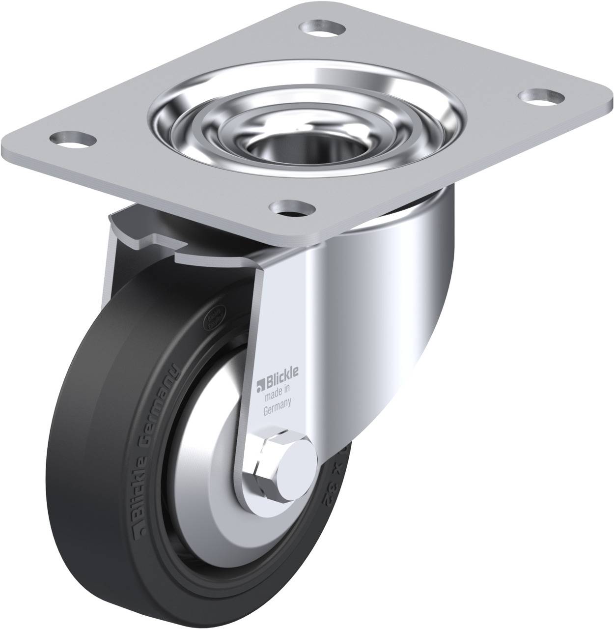 Schwenkrolle aus Metall mit schwarzem Rad und Montagesockel. Geeignet für den Einsatz unter Möbeln oder Geräten zur flexiblen Bewegung.
